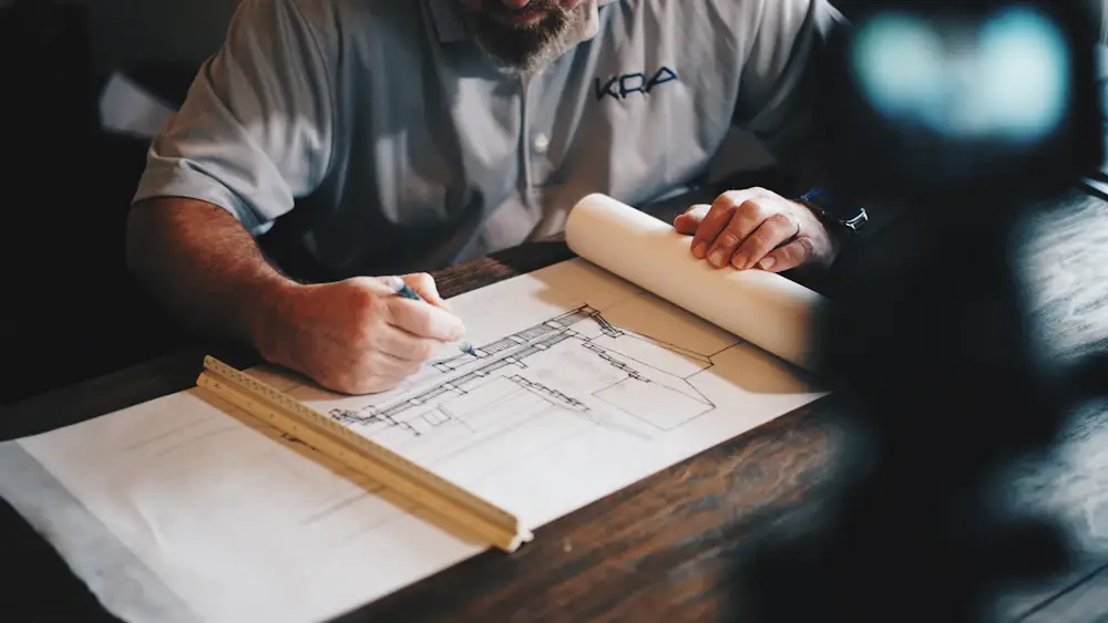 Architect at work with blueprints